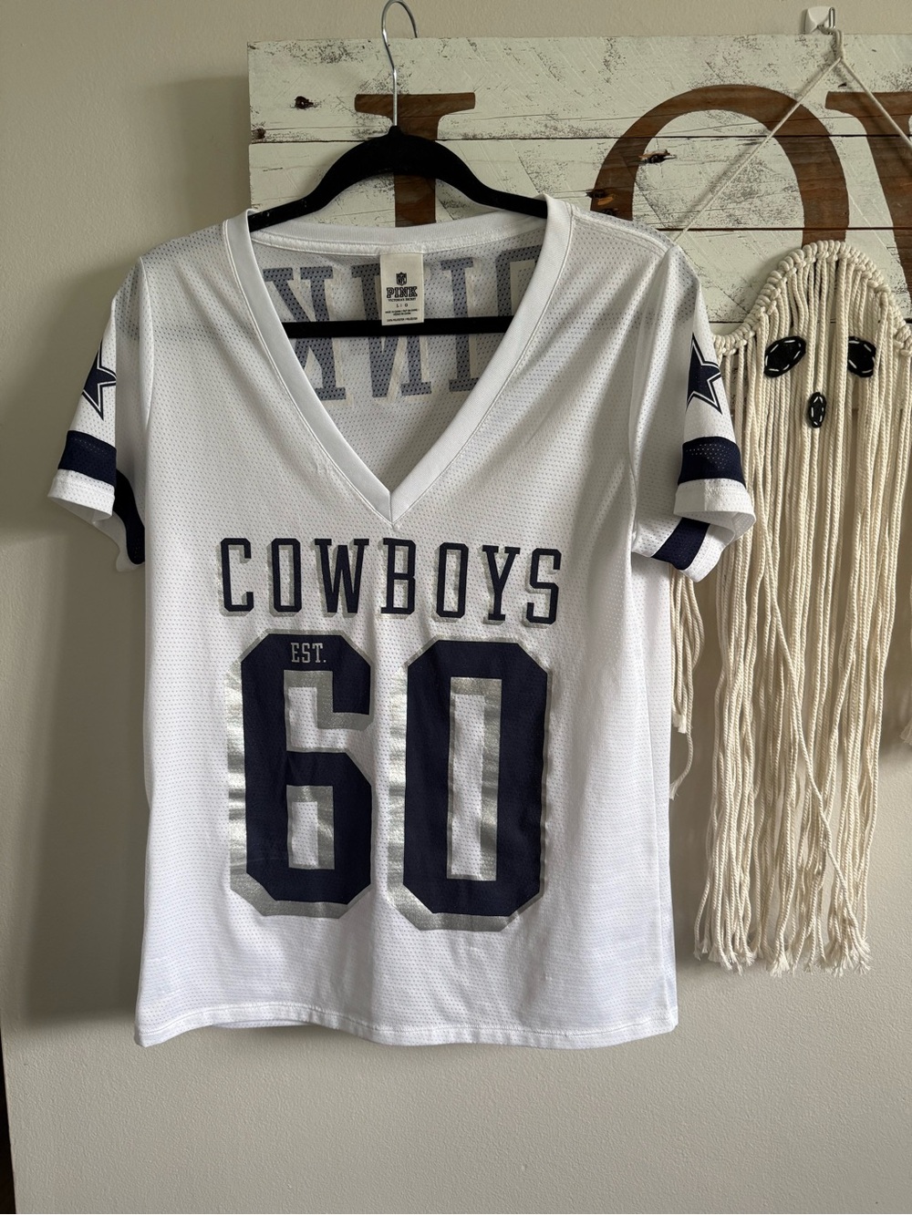 Women’s VS PINK Cowboys Graphic Football Tee in White & Navy